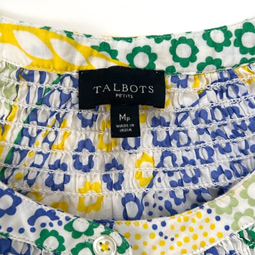 Talbots Medium Petite Green Yellow Blue Paisley Smocked Button Down Long Slv Top - Picture 4 of 8
